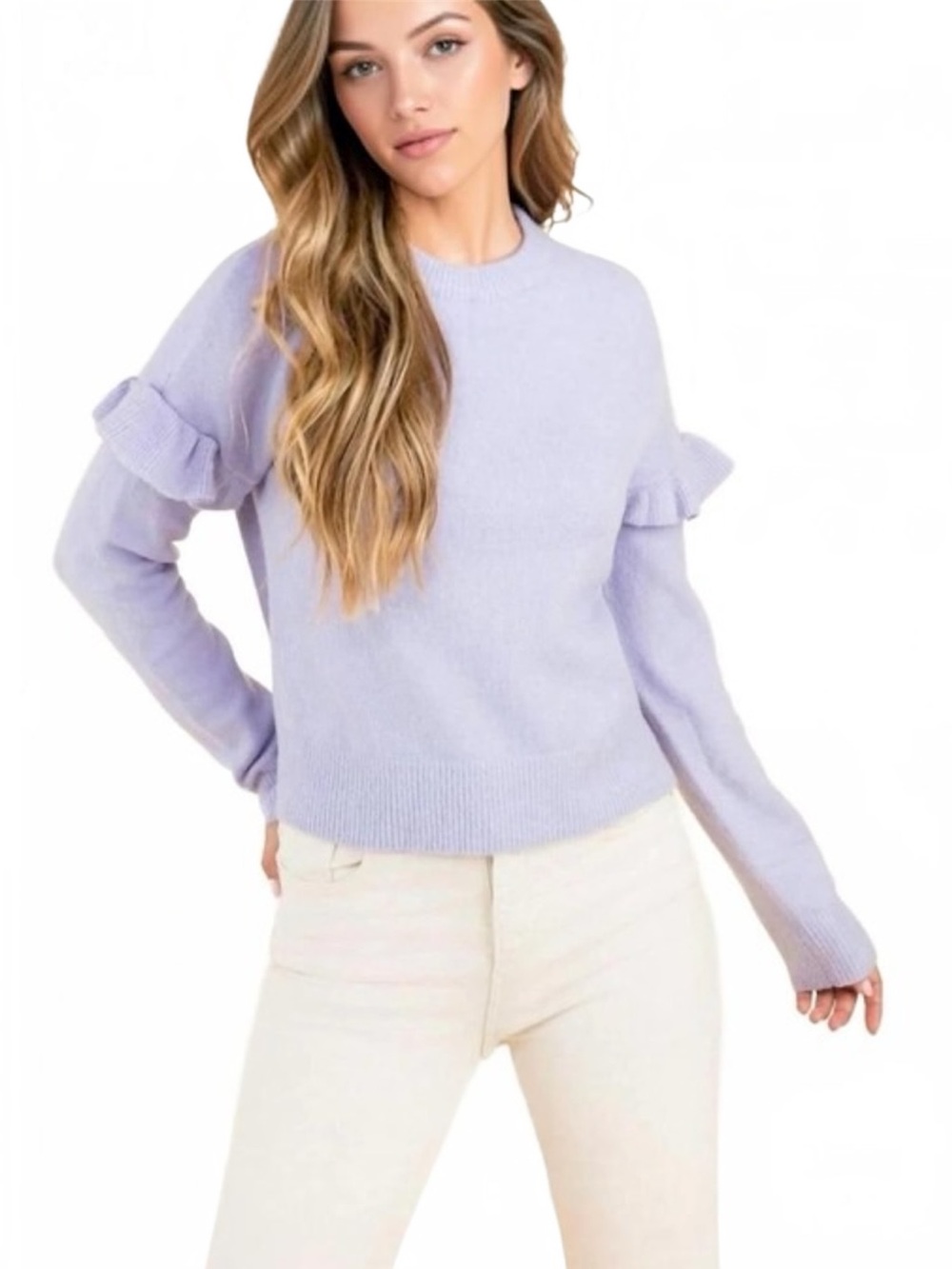 THML Ruffle Sleeve Crew Neck “Gianna” Sweater in Lilac Sz Medium
